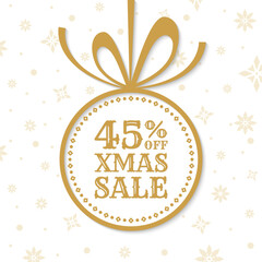 45% off. Xmas sale label, tag or icon. Christmas ball with bow and ribbon. Holiday discount banner. 45 percent price off sign or logo design with snowflake background. Vector illustration.