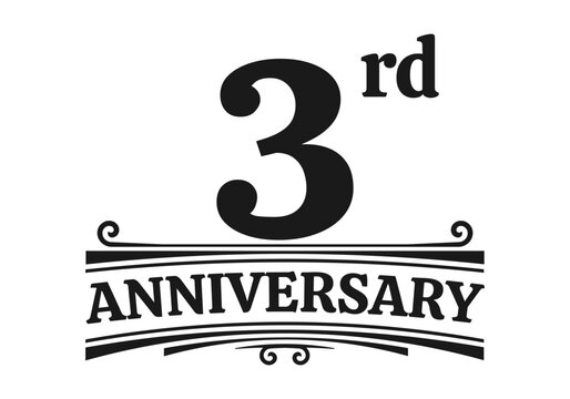 3 years anniversary logo, icon or badge. 3rd birthday, jubilee celebration, wedding, invitation card design element. Vector illustration.