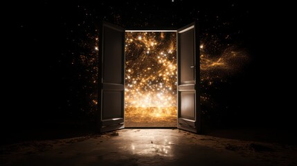 A surreal depiction of a door open into reality, photography, gold, silver, copper, taken with a Fujifilm X100V camera 