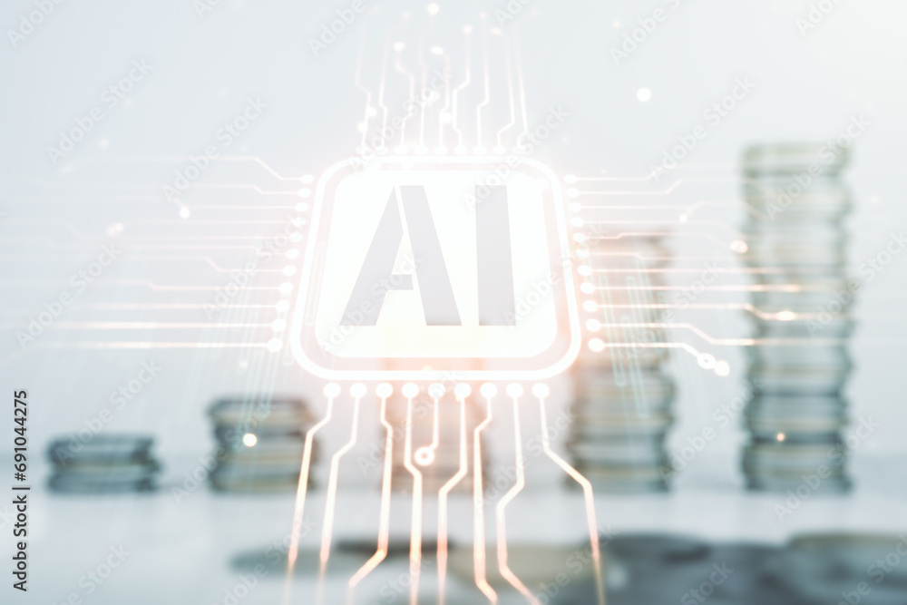 Aufkleber Abstract virtual artificial Intelligence symbol hologram on stacks of coins background. Multiexposure