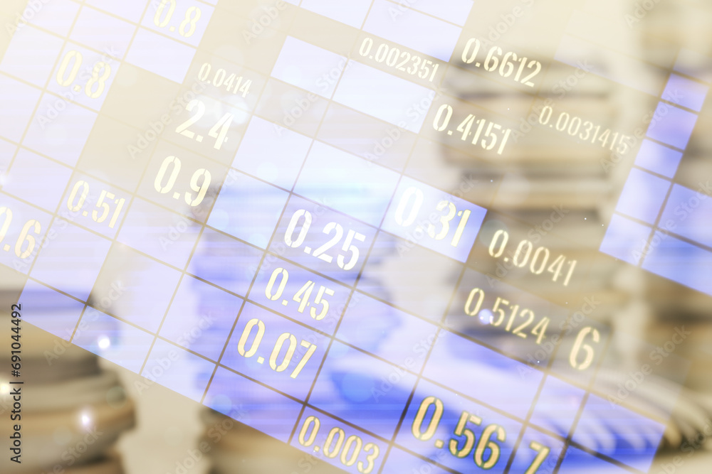 Poster abstract virtual stats data hologram on stacks of coins background. multiexposure