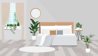 Illustration of a Scandinavian bedroom interior with plants on the window.