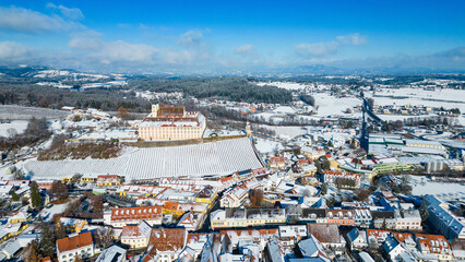 Aerial view of Stainz city in Austria with the castle sitting on a hill as a landmark of the...