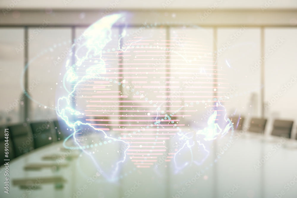 Poster double exposure of abstract digital world map hologram with connections on a modern boardroom backgr