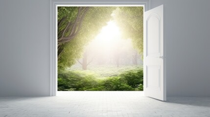 Blank clean white wall in daylight open door leading into a lush forest 