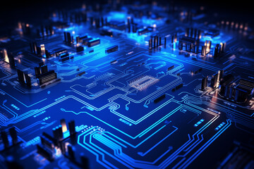 Close-up inside a computer, microchips and circuits, semiconductors. Dark blue color scheme, neon light