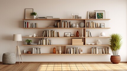 a visual of a stylish, minimalist bookshelf with neatly arranged books and decor items
