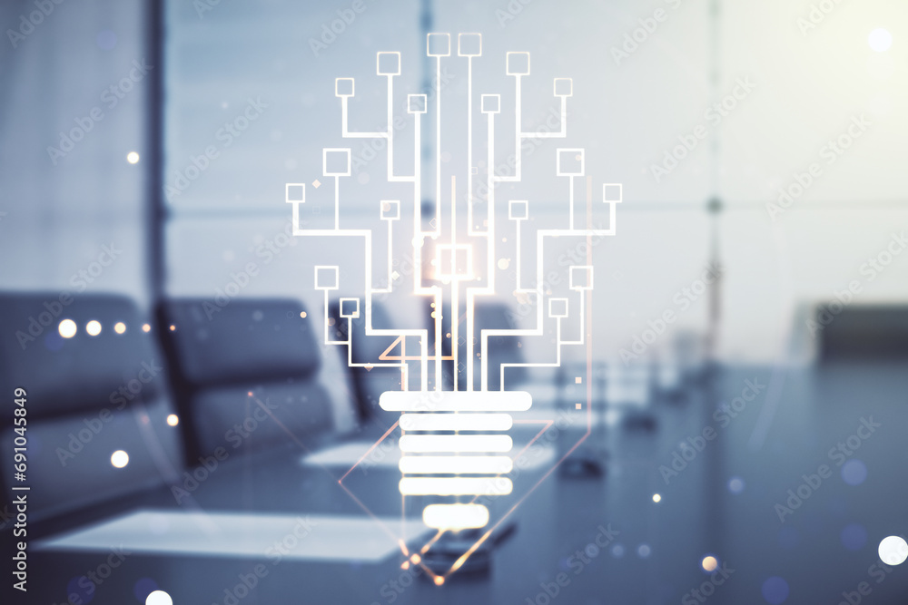 Poster double exposure of virtual creative light bulb hologram with chip on a modern meeting room backgroun