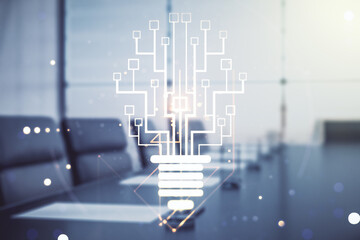 Double exposure of virtual creative light bulb hologram with chip on a modern meeting room...