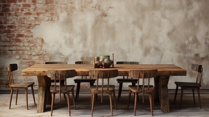 a visual of a rustic, reclaimed wood dining table with mismatched chairs