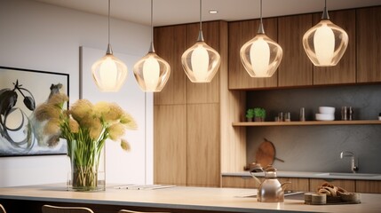a visual of a decorative, hanging pendant lamp in a modern kitchen