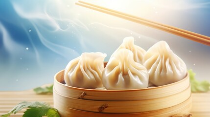 Chopsticks holding a Soup dumplings , soup flowing down, sunny morning, clean and bright background, commercial photography