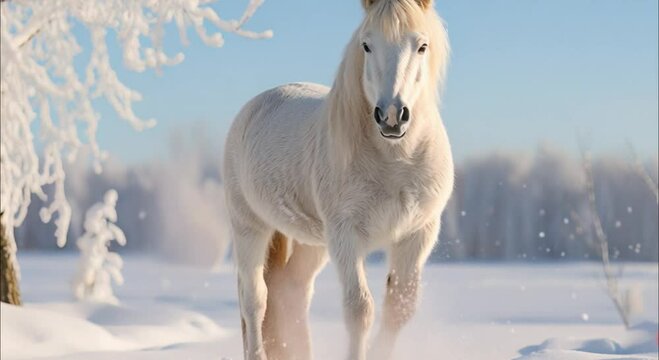 white horse in snowy forest footage