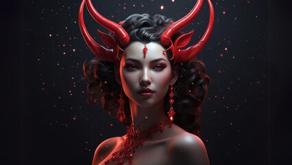 Capricorn constellation in the form of a woman and shines in ruby red light, portrait of a woman in a red dress