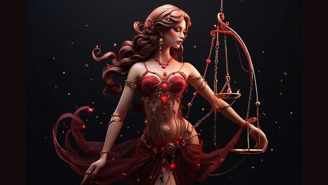 Libra constellation in the form of a woman and shines in ruby red light, portrait of a woman in a red dress