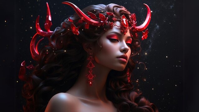 Taurus constellation in the form of a woman and shines in ruby red light, portrait of a woman in a red dress