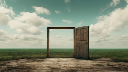 Don't you wonder what's inside a brown empty wooden door, in the style of cloudcore, light black and emerald, meme art, rectangular fields, hidden images, childlike wonder, superimposed text - obrazy, fototapety, plakaty