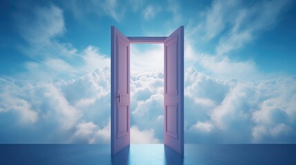 Door open in the blue clouds, film photo, color, Film texture, Surreal, award-winning photograph, ultra realistic, 4K