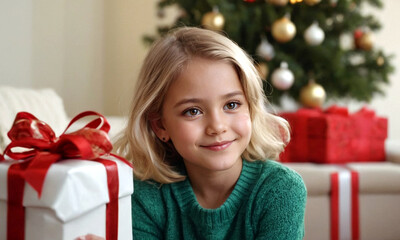 Fototapeta na wymiar festive blonde girl smiles by Christmas tree, adorned with ornaments, in cozy living room, exuding joy and contentment