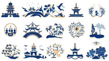 Few chinese icons on a white background, in the style of blue and gold, japanese-style landscapes, playful visual puzzles, guo pei, stencils, wallpaper 