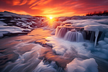 Obraz premium Eiskalter Zauber: Winterliche Langzeitbelichtung eines majestätischen Wasserfalls in der Berglandschaft