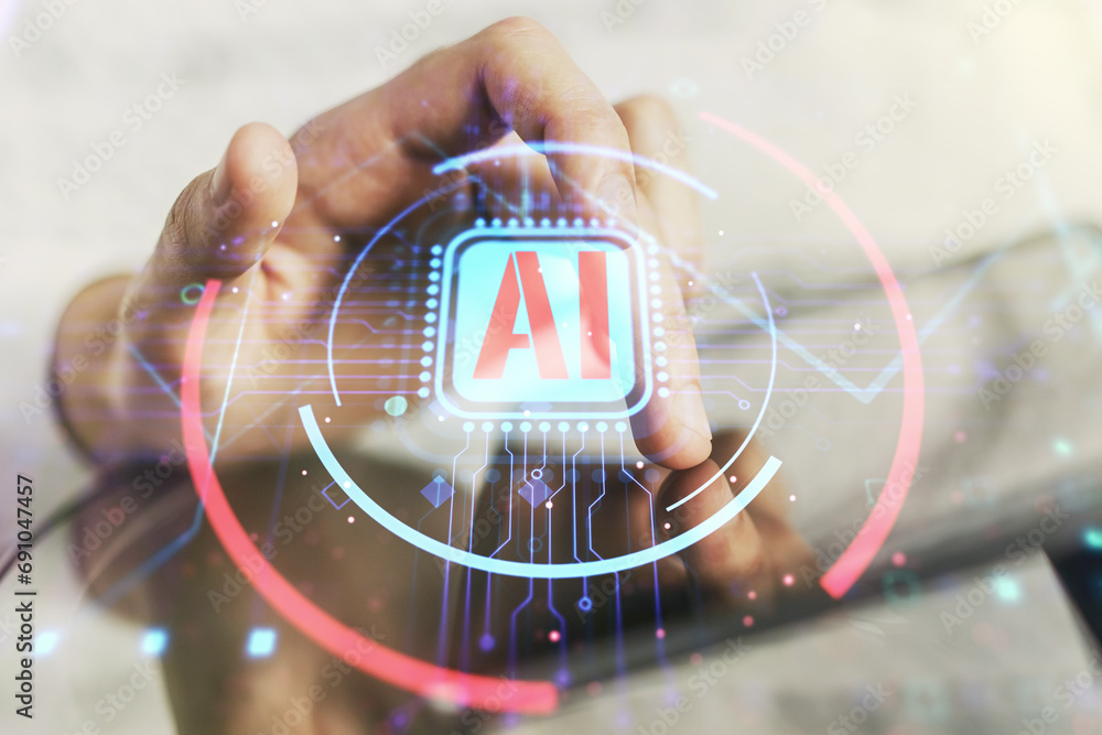 Poster double exposure of creative artificial intelligence abbreviation and hand working with a digital tab