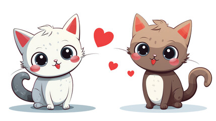 Cartoon two cats with hearts on white or transparent background, png