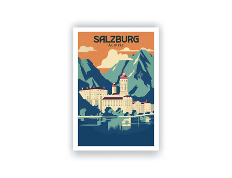 Salzburg, Austria. Vintage Travel Posters. Vector illustration, art. Famous Tourist Destinations Posters Art Prints Wall Art and Print Set Abstract Travel for Hikers Campers Living Room Decor
