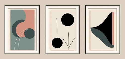 Set of minimal posters with abstract organic shapes composition in trendy contemporary collage style, Generative AI 