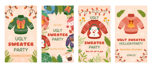 Fototapeta premium Social media christmas stories template, ugly sweater party invitation. Vertical banner decorated with plants branches, funny sweaters, light garlands.