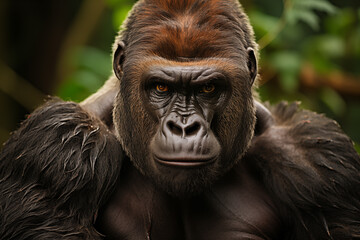 Gorilla Portrait in the Jungle, Black Gorilla in the Forest