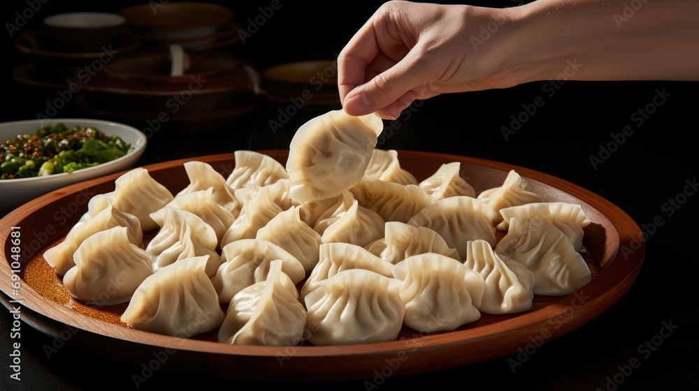 Poster Hyper realistic person sliding a plate quickly away to the side filled with very very greasy shanghai dumplings ::9 pushing away a plate forecefully so fast it leaves a trail 