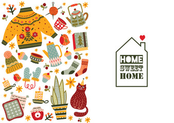 Winter tea party. Home sweet home. Scandinavian hygge poster with warm, cozy winter elements. Gifts and plants, knitted sweater, hat, scarf, socks.