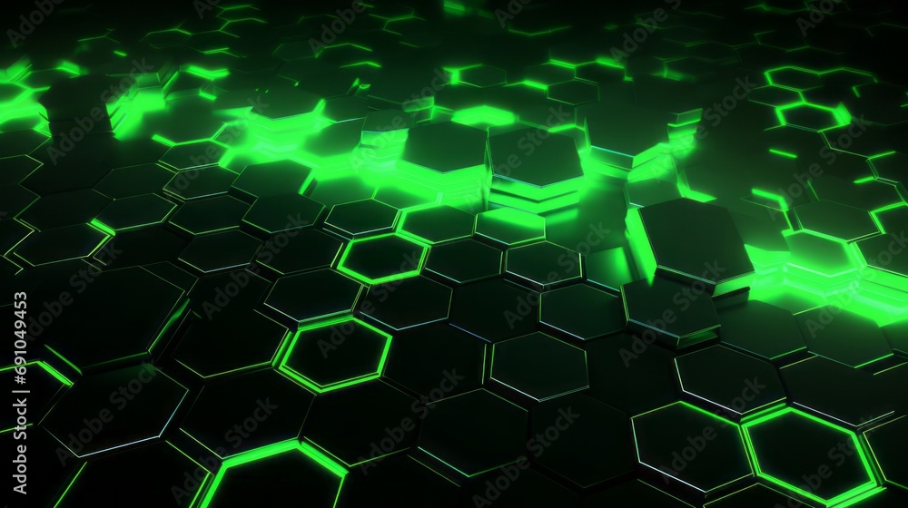 Poster futuristic green hexagonal abstract: vibrant technology concept with neon glow, black hexagon patter