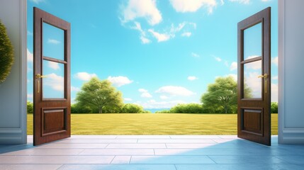 On the lawn, Right, Arbitrary doors diagonal, Inside the door is the living room, Blue sky in the background, realistic, professional photography, UHD