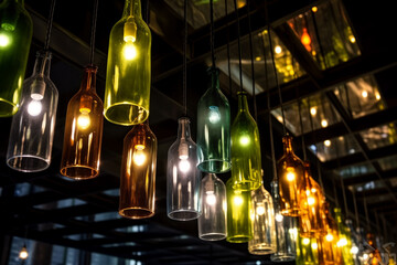 Many wine bottles hanging from the ceiling of a bar as chandeliers. Interior with creative pendant lights made from clear glass bottles.  AI-generated