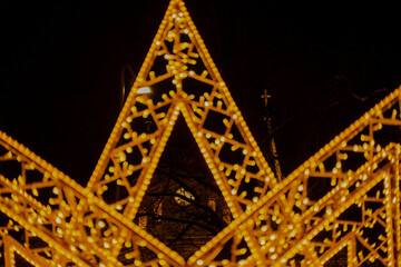 Church viewed through crhistmas light