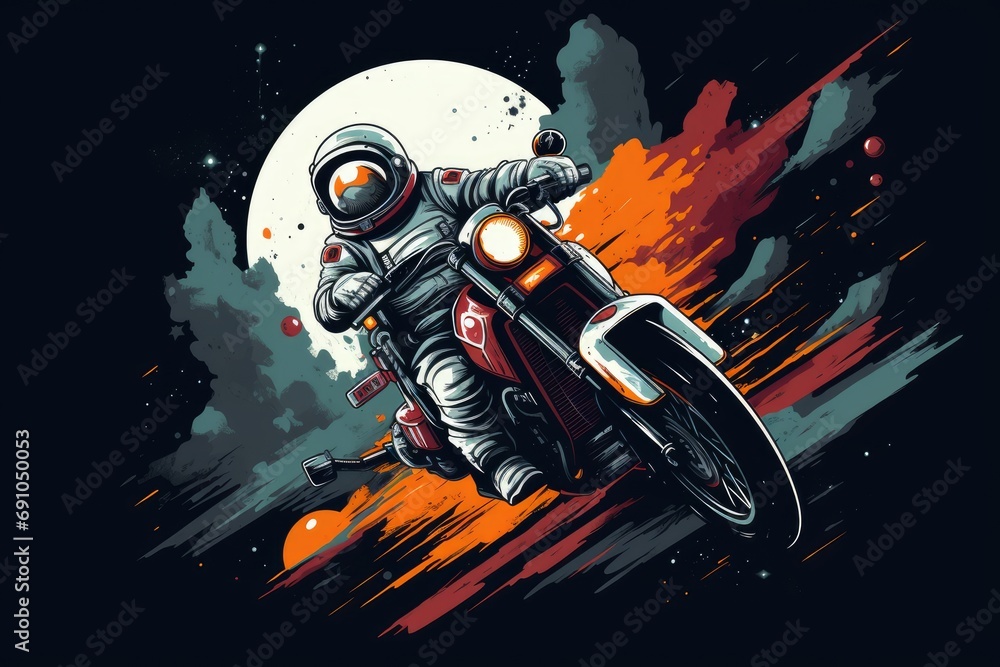 Canvas Prints an astronaut in a spacesuit rides a motorcycle in space.