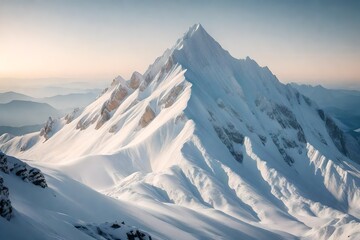 A snow-covered mountain peak, bathed in the soft light of dawn