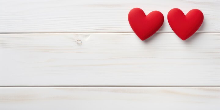 Plenty of copy space and two red ceramic hearts on white wood background