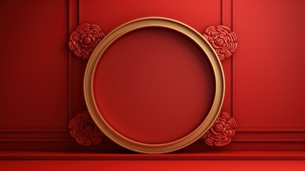 Red texture pattern with round golden frame paper art style asian, 8k, octane render
