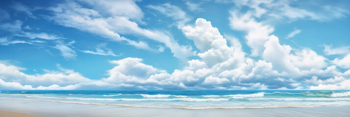 Blue sea and sky with white clouds, aerial view of the sea. Banner. - obrazy, fototapety, plakaty