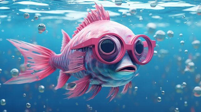A fish in pink glasses swims underwater.