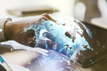 Multi exposure of abstract graphic coding sketch with world map and hand working with a digital tablet on background, big data and networking concept