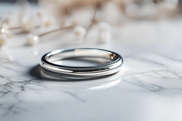 A minimalist silver ring on a polished marble surface - obrazy, fototapety, plakaty