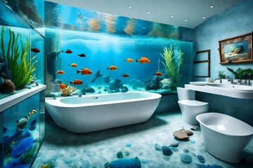 interior room luxurious design of the bedroom decorated with rainbow ceiling lights and aquarium  filled with the gold fishes 
interior room ceiling design with fanoos in shinning glowing lights 