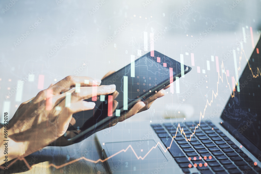 Poster abstract creative financial graph with world map and finger clicks on a digital tablet on background