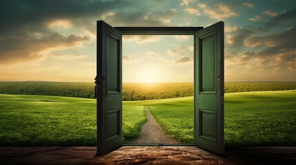 There is a door in a green field. When you open it, you can enter a different world, door and door frame, Beyond the gate, a desert comes into view  - obrazy, fototapety, plakaty