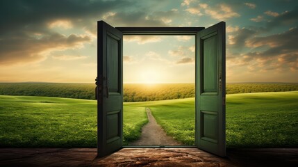 There is a door in a green field. When you open it, you can enter a different world, door and door...