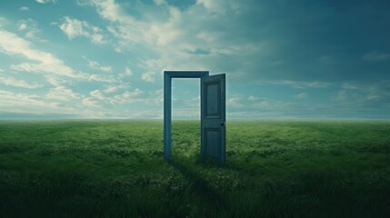 There is a door in a green field. When you open it, you can enter a different world, door and door...